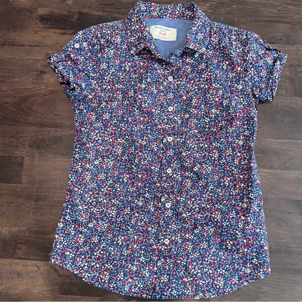 Marine Layer 100%‎ Cotton Navy Floral Short Sleeve Button Down Shirt, Size Small